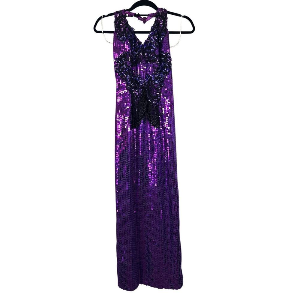 ALYCE DESIGNS Vintage Purple Sequin Dress 80s Prom Formal Halter Floral Beaded
